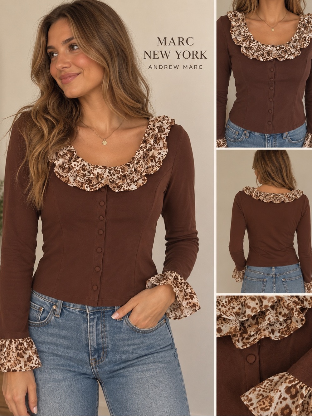 Marc New York Chocolate Brown Button-Front Ruffle Trim Top